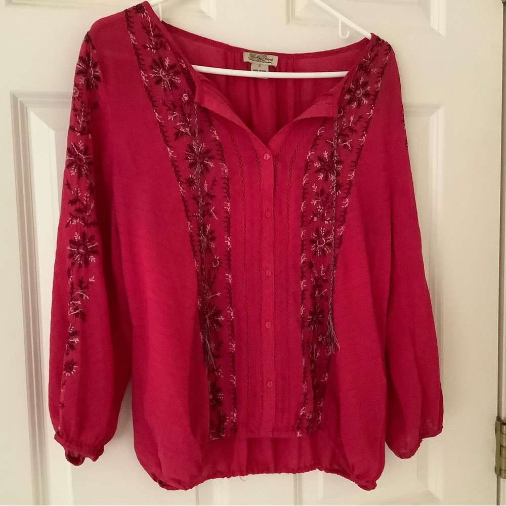 Lucky Brand Red Embellished 3/4 Sleeve Blouse